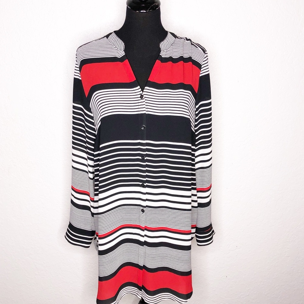 Chicos black white red mixed striped button down tunic top size 1 or‎ Medium